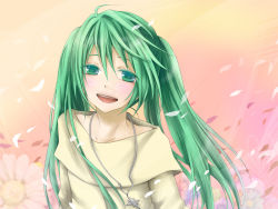 Rule 34 | 1girl, :d, aqua eyes, aqua hair, artist request, blush, collarbone, female focus, hatsune miku, highres, jewelry, long hair, looking at viewer, matching hair/eyes, open mouth, pendant, petals, smile, solo, twintails, upper body, vocaloid