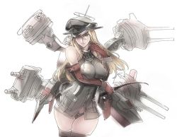 Rule 34 | 10s, 1girl, bismarck (kancolle), blonde hair, blush, breasts, detached sleeves, gloves, grey thighhighs, hat, jpeg artifacts, kantai collection, large breasts, long hair, looking at viewer, md5 mismatch, military, military hat, military uniform, nishieda, no pants, panties, peaked cap, personification, red gloves, resized, resolution mismatch, solo, source larger, swastika, thighhighs, underwear, uniform