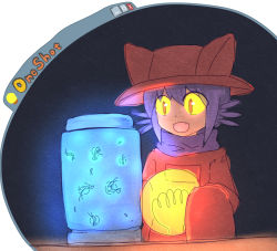 Rule 34 | 1other, androgynous, animal hat, cat hat, colored sclera, commentary request, fangs, hat, jar, light bulb, niko (oneshot), oneshot (game), open mouth, orange eyes, purple hair, purple scarf, scarf, short hair, shrimp, sleeves past wrists, slit pupils, solo, upper body, window (computing), yan pai, yellow sclera