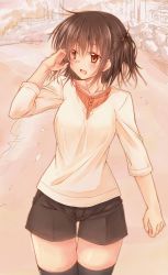 Rule 34 | 10s, 1girl, adjusting hair, alternate costume, brown eyes, brown hair, casual, hair flip, highres, kantai collection, narumiya (empty cafe), open mouth, sendai (kancolle), short twintails, smile, solo, thighhighs, twintails, two side up