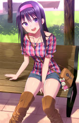 Rule 34 | 1girl, bad id, bad pixiv id, bag, bench, between breasts, between legs, black hair, boots, breasts, collarbone, day, grass, hair between eyes, hairband, hand between legs, jewelry, long hair, looking at viewer, necklace, open mouth, original, outdoors, plaid, plaid shirt, purple eyes, purple hair, shadow, shirt, short sleeves, shorts, shoulder bag, sitting, smile, solo, sonsoso, strap between breasts, stuffed animal, stuffed rabbit, stuffed toy, thigh boots, thighhighs, tree