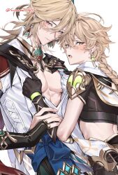 Rule 34 | 2boys, aether (genshin impact), black gloves, blonde hair, blush, braid, closed mouth, earrings, genshin impact, gloves, gradient hair, hair between eyes, highres, jewelry, kaveh (genshin impact), long hair, looking at viewer, male focus, multicolored hair, multiple boys, open mouth, orange eyes, pectorals, red eyes, shirt grab, short sleeves, simple background, single braid, single earring, sonomi, white background, yaoi