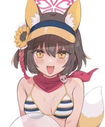 Rule 34 | 1girl, absurdres, animal ear fluff, animal ears, ball, bare shoulders, bikini, blue archive, blush, breasts, brown hair, flower, fox ears, fox girl, fox tail, hair flower, hair ornament, halo, highres, holding, holding ball, izuna (blue archive), izuna (swimsuit) (blue archive), looking at viewer, moita 3, official alternate costume, pink scarf, pom pom (clothes), pom pom hair ornament, scarf, short hair, simple background, small breasts, solo, striped bikini, striped clothes, sunflower, sunflower hair ornament, swimsuit, tail, visor cap, yellow eyes