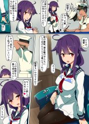 Rule 34 | 10s, 1boy, 1girl, :d, admiral (kancolle), ahoge, apron, arm behind head, black pantyhose, blush, breasts, clipboard, collarbone, comala (komma la), comic, commentary request, couch, hair between eyes, hair flaps, hair tubes, hat, highres, holding, holding pen, kantai collection, long hair, low twintails, magatama, military, military hat, military uniform, musical note, naval uniform, neckerchief, open mouth, pantyhose, peaked cap, pen, purple hair, red eyes, red neckerchief, saliva, school uniform, serafuku, short sleeves, sitting, smile, spoken musical note, sweatdrop, taigei (kancolle), translation request, twintails, uniform, wall, whale, wooden floor