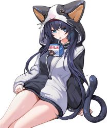 Rule 34 | 1girl, animal hood, arknights, arm support, black hair, blaze (arknights), blue eyes, blush, bottle, breasts, cat girl, cat hood, cat tail, cbmus, commentary request, drawstring, drinking, eyebrows hidden by hair, feet out of frame, hairband, hood, hood up, large breasts, leaning back, long hair, long sleeves, looking at viewer, milk bottle, no pants, official alternate costume, open mouth, red hairband, simple background, sitting, solo, tail, thighs, two-tone hoodie, very long hair, white background