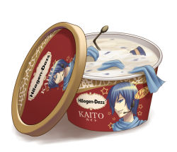 Rule 34 | blue eyes, blue hair, blue scarf, character name, cup, food, food focus, haagen-dazs, headset, ice cream, kaito (vocaloid), male focus, matching hair/eyes, no humans, parted lips, scarf, short hair, simple background, solo, soup, star (symbol), terumii, vocaloid, white background