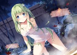 Rule 34 | 1girl, :o, bare shoulders, bath, bathing, blush, breasts, cleavage, cloud, collarbone, frog, frog hair ornament, gluteal fold, green eyes, green hair, hair ornament, hand to head, hand up, highres, kochiya sanae, large breasts, leaf, long hair, looking at viewer, maple leaf, miyase mahiro, naked towel, nature, navel, night, night sky, non-web source, onsen, open mouth, outdoors, partially submerged, rock, sidelocks, sky, snake hair ornament, solo, star (sky), starry sky, steam, touhou, towel, translation request, water, wet, wet hair, wet towel, white towel