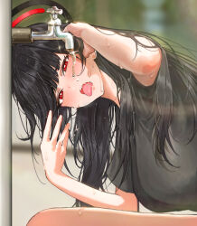 Rule 34 | 1girl, absurdres, black hair, black shirt, blue archive, blurry, blurry background, blush, breasts, drinking, faucet, halo, highres, kuren kren, large breasts, outdoors, red eyes, rio (blue archive), shirt, short sleeves, solo, sweat, tongue, tongue out, water drop