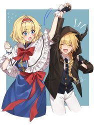 Rule 34 | 1boy, 1girl, alice margatroid, alternate hairstyle, arm up, belt, black gloves, black vest, blonde hair, blue background, blue dress, blue eyes, blue necktie, blush, border, bow, bowtie, braid, breasts, brown jacket, buttons, capelet, closed eyes, collared jacket, collared shirt, dress, fingernails, flying, frills, genderswap, genderswap (ftm), gloves, hair between eyes, hair ornament, hairband, hands up, hood, jacket, jewelry, kirisame marisa, long sleeves, looking at another, mandarin collar, medium breasts, necktie, open clothes, open jacket, open mouth, outside border, pants, puffy short sleeves, puffy sleeves, red belt, red bow, red bowtie, red hairband, ring, shirt, short hair, short sleeves, simple background, single braid, smile, standing, sweat, sweatdrop, touhou, v-shaped eyebrows, vest, white border, white capelet, white pants, white shirt, wrist cuffs