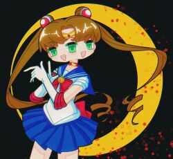 Rule 34 | 1girl, bishoujo senshi sailor moon, black background, blue sailor collar, blue skirt, bow, bowtie, brown hair, choker, circlet, cosplay, cowboy shot, crescent, curtained hair, elbow gloves, extra eyes, gloves, green eyes, hair ornament, highres, ikigusare, long hair, looking at viewer, multiple faces, multiple mouths, open mouth, pleated skirt, procreate (medium), red bow, red bowtie, red choker, ringlets, sailor collar, sailor moon, sailor moon (cosplay), sangou (ikigusare), shirt, short sleeves, skirt, smile, solo, standing, star (symbol), starry background, tongtong (tongtong060105), twintails, very long hair, white gloves, white shirt