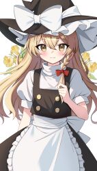 Rule 34 | 1girl, absurdres, apron, black dress, blonde hair, blush, bow, braid, dress, flower, hat, hat ornament, hat ribbon, highres, kirisame marisa, long hair, pinafore dress, red bow, ribbon, setteiset, shirt, short sleeves, side braid, simple background, single braid, sleeveless, sleeveless dress, smile, solo, touhou, waist apron, white background, white ribbon, white shirt, witch hat, yellow eyes, yellow flower