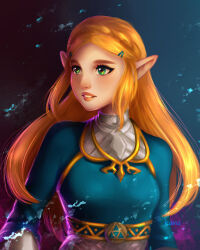 Rule 34 | 1girl, blonde hair, blue shirt, blush, breasts, green eyes, highres, long hair, looking to the side, nintendo, pointy ears, princess zelda, shirt, small breasts, solo, the legend of zelda, the legend of zelda: breath of the wild