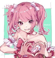 Rule 34 | 1girl, absurdres, bang dream!, bow, choker, collarbone, dress, frilled dress, frills, hair bow, hashtag, heart, heart hands, highres, looking at viewer, maruyama aya, medium hair, nuruponnu, open mouth, pink eyes, pink hair, sketch, solo, strapless, strapless dress, teeth, twintails, upper body, upper teeth only