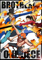 Rule 34 | 3boys, brothers, fire, highres, male focus, monkey d. luffy, multiple boys, one piece, portgas d. ace, rubber, sabo (one piece), siblings