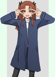 Rule 34 | 1girl, black bow, black pants, blue coat, bow, brown eyes, brown hair, casual, coat, commentary request, double v, girls und panzer, hair bow, half-closed eyes, kadotani anzu, light blush, long hair, long sleeves, looking at viewer, ngc20701, open mouth, pants, parted bangs, smile, solo, standing, sweater, twintails, v, v over eye, white sweater