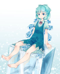 Rule 34 | 1girl, bad id, bad pixiv id, barefoot, blue eyes, blue hair, cirno, highres, ice, ice cube, ice wings, mary janes, matching hair/eyes, murani, shoes, unworn shoes, short hair, sitting, smile, solo, touhou, wings
