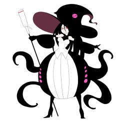 Rule 34 | 1girl, bare shoulders, black hair, dress, elbow gloves, gloves, hat, high heels, ken (koala), long sleeves, looking at viewer, original, red eyes, simple background, smile, solo, staff, white background, witch hat