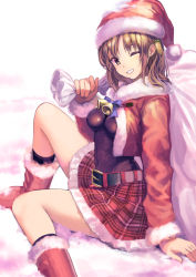 Rule 34 | 1girl, ;), bad id, bad nicoseiga id, bell, boots, breasts, brown hair, capelet, commentary request, fur-trimmed boots, fur trim, gloves, grin, hat, long sleeves, looking at viewer, medium breasts, one eye closed, original, purple eyes, red footwear, red gloves, sack, santa boots, santa costume, santa hat, short hair, smile, solo, yoropa
