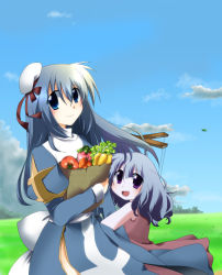 Rule 34 | 2girls, bell pepper, blue eyes, blue hair, blue sky, blush, bow, brown dress, closed mouth, cloud, commentary request, cowboy shot, day, dress, field, forest, grass, hair between eyes, hat, high priest (ragnarok online), juliet sleeves, kanagi tsumugi, lettuce, long hair, long sleeves, looking at viewer, marionette, marionette (ro), multiple girls, nature, open mouth, outdoors, pepper, puffy sleeves, puppet, purple eyes, ragnarok online, sailor hat, sash, sky, sleeveless, sleeveless dress, smile, tomato, two-tone dress, white bow, white dress, white headwear, white sash