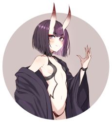 Rule 34 | 1girl, blunt bangs, blush, breasts, commentary, eyeshadow, fate/grand order, fate (series), fingernails, horns, looking at viewer, makeup, navel, pokan (xz1128), purple eyes, purple hair, revealing clothes, sharp fingernails, short hair, shuten douji (fate), skin-covered horns, small breasts, smile, solo, unworn kimono