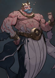 Rule 34 | 1boy, abs, bara, beard, belt, chest hair, crown, earrings, facial hair, fins, full body, hairy, highres, jewelry, large pectorals, male focus, mature male, merman, monster boy, muscular, muscular male, mustache, navel hair, necklace, nesskain, nipples, old, old man, original, pectorals, scar, scar on stomach, short hair, solo, stomach, topless male, underwater, wrinkled skin