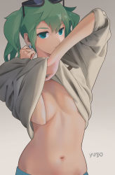 Rule 34 | 1girl, arm up, artist name, breasts, cleavage, clothes lift, earrings, eyewear on head, gradient background, green eyes, green hair, hatsune miku, highres, jewelry, looking at viewer, navel, no bra, shirt lift, solo, suna no wakusei (vocaloid), sunglasses, twintails, vocaloid, yubo