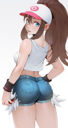 Rule 34 | 1girl, ass, baseball cap, blue eyes, breasts, brown hair, cheshirrr, cowboy shot, creatures (company), from behind, game freak, gradient background, grey background, hat, highres, hilda (pokemon), holding, holding poke ball, long hair, looking at viewer, looking back, medium breasts, nintendo, open mouth, pink hat, poke ball, poke ball (basic), pokemon, pokemon bw, ponytail, shorts, sidelocks, sleeveless, solo, standing, tank top, teeth, torn clothes, torn shorts, upper teeth only, white background, white hat, white tank top, wristband
