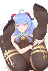 Rule 34 | absurdres, ahoge, bell, black legwear, blue hair, bodystocking, breasts, dongye1551, ganyu (genshin impact), genshin impact, gold trim, hand on own knee, highres, horns, hugging own legs, legs, legs up, long hair, looking at viewer, medium breasts, multicolored eyes, neck bell, no shoes, open mouth, sidelocks, soles, solo, thighs, toes
