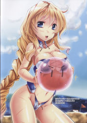 Rule 34 | 1girl, :3, absurdres, ball, bare shoulders, beach, beachball, bikini, blonde hair, blue eyes, blush, braid, breasts, cloud, day, highres, kyoukaisenjou no horizon, large breasts, long hair, looking at viewer, mary stuart, navel, non-web source, ocean, open mouth, outdoors, sand castle, sand sculpture, scan, scar, scar on face, single braid, sky, smile, solo, standing, swimsuit, takitsume shino
