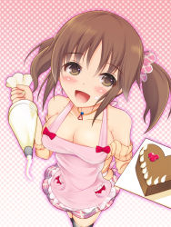 Rule 34 | 10s, 1girl, :d, apron, bad id, bad pixiv id, bare shoulders, black thighhighs, breasts, brown eyes, brown hair, cleavage, food, food on face, hair ornament, heart, highres, idolmaster, idolmaster cinderella girls, jewelry, large breasts, looking at viewer, necklace, okuri banto, open mouth, pastry bag, sleeves pushed up, smile, solo, thighhighs, totoki airi, twintails