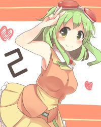 Rule 34 | 1girl, absurdres, arm up, armpits, belt, blush, brooch, commentary request, goggles, goggles on head, green eyes, green hair, gumi, heart, highres, jewelry, orange shirt, pachio (patioglass), red-tinted eyewear, shirt, short hair with long locks, skirt, sleeveless, sleeveless shirt, smile, solo, tinted eyewear, v, vocaloid, yellow skirt