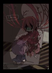 Rule 34 | 1boy, 1girl, black coat, body horror, brown pants, chibi, coat, commentary request, employee (project moon), english text, highres, holding, holding sword, holding weapon, indoors, lobotomy corporation, long sleeves, nothing there, pants, project moon, purple hair, rapier, red hair, red shirt, shirt, shizunu, short hair, sword, two side up, weapon