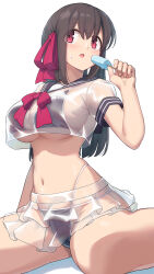 Rule 34 | 1girl, absurdres, arukiru, bikini, bikini under clothes, black bikini, black sailor collar, bow, bowtie, breasts, brown hair, commentary request, commission, food, hair ribbon, highres, holding, large breasts, long hair, navel, open mouth, original, popsicle, red bow, red bowtie, red eyes, red ribbon, ribbon, sailor collar, see-through, see-through shirt, see-through skirt, simple background, sitting, skeb commission, skirt, swimsuit, thighs, white background