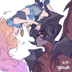 Rule 34 | 1boy, 1girl, aatrox, anger vein, artist name, blonde hair, blush, bracelet, closed eyes, collarbone, crop top, dated, demon boy, demon horns, demon wings, facing another, fang, from side, grey background, highres, horns, jewelry, league of legends, long hair, multicolored hair, open mouth, pink hair, profile, simple background, two-tone hair, upside-down, wings, zoe (league of legends), ztdlb