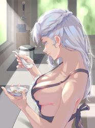 Rule 34 | 1girl, absurdres, apron, azur lane, belfast (azur lane), blue eyes, blush, braid, breasts, cleavage, collarbone, cooking, cup, day, french braid, from side, highres, holding, holding cup, holding ladle, indoors, kamkac, kitchen, knife block, ladle, large breasts, light particles, long hair, naked apron, parted lips, silver hair, smile, solo, soup ladle, window