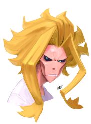 Rule 34 | 1boy, absurdres, artist name, big hair, black sclera, blonde hair, blue eyes, boku no hero academia, colored sclera, cropped torso, forehead, hair intakes, highres, long hair, looking at viewer, male focus, nicholas theil, shirt, signature, simple background, solo, teeth, upper body, white background, white shirt, yagi toshinori