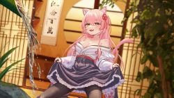 Rule 34 | 1girl, :d, animal ears, architecture, black pantyhose, blush, breasts, calligraphy, cat ears, cat girl, cat tail, chinese text, cleavage, cowboy shot, east asian architecture, frilled skirt, frills, grass, hair ribbon, hanging scroll, hiiro (vtuber), indie virtual youtuber, japanese clothes, kimono, kneeling, large breasts, laska (572124034), leaf, long hair, looking at viewer, lower teeth only, milestone celebration, miniskirt, off-shoulder shirt, off shoulder, open mouth, pantyhose, pink hair, purple skirt, red ribbon, ribbon, scroll, shirt, skirt, skirt hold, smile, solo, tail, teeth, tube, virtual youtuber, water, water drop, white shirt, yellow eyes
