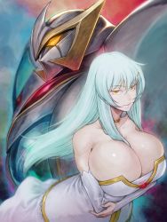 Rule 34 | 1girl, aqua hair, bad id, bad twitter id, bare shoulders, breast hold, breasts, brooch, choker, cleavage, dress, expressionless, female focus, glowing, hair ornament, hairclip, huge breasts, jewelry, kei515zx, long hair, long sleeves, looking at viewer, mecha, original, robot, science fiction, white dress, yellow eyes