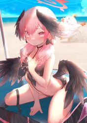 Rule 34 | 1girl, absurdres, akuma (st.takuma), angel, angel wings, bare shoulders, beach, bikini, black bikini, black bow, black wings, blue archive, blush, bow, breasts, closed mouth, crab, double-parted bangs, feathered wings, floral print, front-tie bikini top, front-tie top, halo, head wings, highres, koharu (blue archive), koharu (swimsuit) (blue archive), looking at viewer, low twintails, low wings, official alternate costume, outdoors, peroro (blue archive), pink eyes, pink hair, pink halo, print bikini, sand, sitting, small breasts, swimsuit, tearing up, thighs, twintails, wings