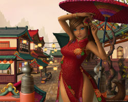 Rule 34 | 1girl, animal ears, architecture, arms up, warrior of light (ff14), blue eyes, bracelet, breasts, brown hair, cat ears, cat tail, china dress, chinese clothes, dark-skinned female, dark skin, dress, east asian architecture, final fantasy, final fantasy xiv, hair ornament, jewelry, lips, long hair, looking at viewer, medium breasts, miqo&#039;te, oil-paper umbrella, outdoors, slit pupils, smile, solo, tail, umbrella, veralde, watermark, web address