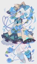 Rule 34 | 1girl, :|, arms at sides, asagina gi, bad id, bad pixiv id, black footwear, black hat, blouse, blue eyes, blue flower, blue rose, boots, bow, buttons, closed mouth, commentary, diamond button, flower, frilled shirt collar, frilled skirt, frilled sleeves, frills, full body, green skirt, green socks, grey background, hair between eyes, hat, hat bow, hat flower, heart, heart of string, highres, komeiji koishi, leaf, light blush, light green hair, long sleeves, looking at viewer, no nose, one eye covered, petals, rose, rose petals, shirt, short hair, simple background, skirt, sleeves past fingers, sleeves past wrists, socks, solo, symbol-shaped pupils, third eye, touhou, wide sleeves, yellow bow, yellow shirt