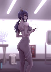 Rule 34 | 1girl, absurdres, arknights, ass, backlighting, bare arms, bare shoulders, black hair, breasts, ceiling light, cellphone, ch&#039;en (arknights), chalkboard, earrings, feet out of frame, grey pants, high-waist pants, highres, holding, holding phone, horns, indoors, jewelry, long hair, looking afar, medium breasts, pants, parted lips, phone, ponytail, red eyes, sidelocks, smartphone, solo, sports bra, standing, stud earrings, trash can, yoga pants, yunkaiming