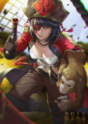 Rule 34 | 10s, 1girl, 2016, black hair, black light, breasts, chinese new year, cleavage, coat, eyepatch, gloves, gun, highres, looking at viewer, monkey, original, pirate, red eyes, solo, sword, weapon