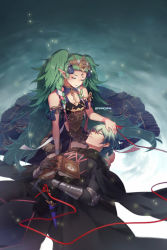 Rule 34 | 1boy, 1girl, arm guards, artist name, black gloves, book, braid, byleth (fire emblem), byleth (male) (fire emblem), cloak, closed eyes, dagger, dress, finni chang, fire emblem, fire emblem: three houses, gloves, green hair, highres, kneeling, knife, lap pillow, long hair, lying, medium hair, nintendo, on back, parted lips, pointy ears, side braid, sleeping, smile, sothis (fire emblem), string, string of fate, tiara, twintails, twitter username, very long hair, weapon, wristband