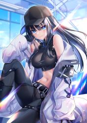 Rule 34 | 1girl, bare shoulders, belt, black gloves, black hat, black pants, blue archive, blue eyes, blue hair, blush, breasts, closed mouth, commentary request, gloves, halo, hat, highres, jacket, kgr lplc, large breasts, long hair, long sleeves, looking at viewer, navel, off shoulder, open clothes, open jacket, pants, saori (blue archive), smile, solo, stomach, thighs, unzipped, white jacket