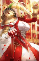 Rule 34 | 1girl, aestus domus aurea, aestus estus, ahoge, armor, blonde hair, blurry, blurry background, breasts, cleavage, cleavage cutout, clothing cutout, commentary request, fate/extra, fate/grand order, fate (series), fingerless gloves, gloves, green eyes, hand on hilt, hand up, highres, kfr, large breasts, nero claudius (fate), nero claudius (fate) (all), nero claudius (fate/extra), open mouth, pauldrons, petals, ribbon, rose petals, shoulder armor, solo, sword, translation request, weapon, wreath