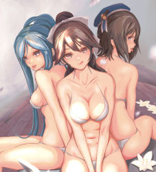 Rule 34 | 3girls, :p, :q, aoki hagane no arpeggio, azur lane, back-to-back, beret, bikini, black hair, blue eyes, blue hair, bow, breasts, cleavage, crossover, flower, hair flaps, hat, highres, historical name connection, kantai collection, long hair, looking at viewer, medium breasts, multiple crossover, multiple girls, name connection, navel, pandarou, ponytail, revision, short hair, sideboob, sitting, swimsuit, takao (aoki hagane no arpeggio), takao (azur lane), takao (kancolle), tongue, tongue out, very long hair, white bikini, white bow, white flower, wooden floor