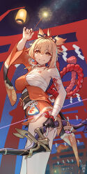 1girl absurdres arm_up bandaged_arm bandages bare_shoulders black_gloves blonde_hair bow_(weapon) breasts chest_tattoo choker collarbone cowboy_shot cqc_no_hashi_neko eyeshadow fingerless_gloves fireworks genshin_impact gloves grin hadanugi_dousa hamayumi_(genshin_impact) highres holding holding_bow_(weapon) holding_fireworks holding_weapon japanese_clothes kimono lantern long_sleeves makeup medium_breasts obi open_kimono orange_eyes orange_kimono paper_lantern ponytail red_choker sarashi sash short_kimono shoulder_tattoo single_glove smile solo sparkler standing tattoo thighs weapon wide_sleeves yoimiya_(genshin_impact)