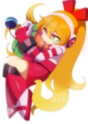Rule 34 | 1girl, android, blonde hair, blush, boots, call (mighty no. 9), call f, dress, fingerless gloves, gloves, green eyes, hairband, headphones, jacket, long hair, mighty no. 9, no humans, ponytail, ribbon, robot, shirt, smile