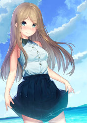 Rule 34 | 1girl, armpits, bare arms, bare shoulders, blue eyes, blue skirt, blue sky, breasts, brown hair, buttons, closed mouth, cloud, collared shirt, cowboy shot, day, dutch angle, eyebrows, highres, kagematsuri, long hair, looking at viewer, medium breasts, ocean, original, outdoors, pleated skirt, shirt, skirt, skirt hold, sky, sleeveless, sleeveless shirt, smile, solo, thighs, water, water drop, wing collar